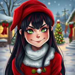 A realistic depiction of a girl with long gradient hair in black and red, wearing festive Christmas attire inspired by the Grinch