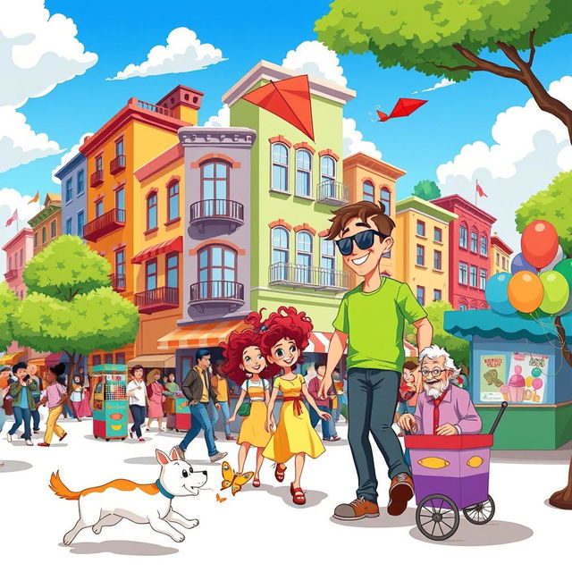 A vibrant cartoon style illustration of a bustling city street filled with cheerful characters