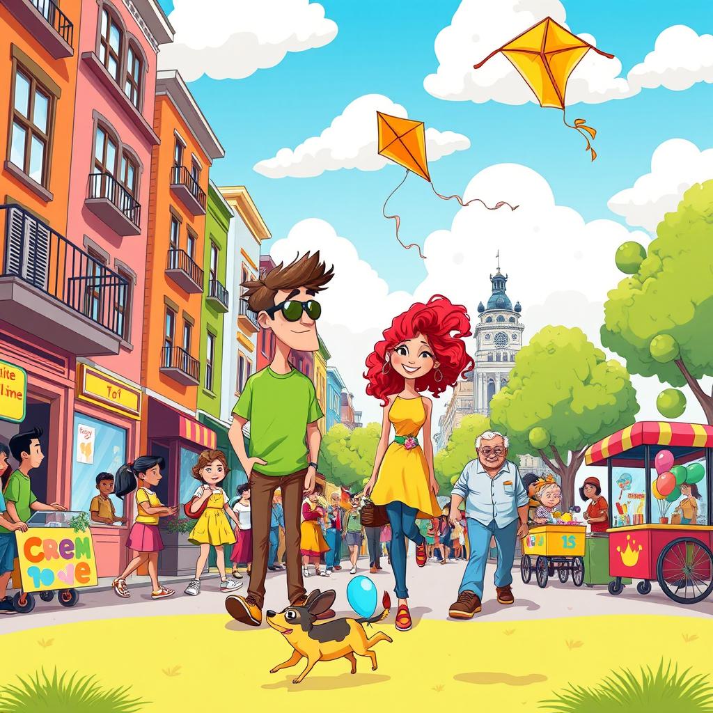 A vibrant cartoon style illustration of a bustling city street filled with cheerful characters