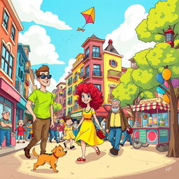A vibrant cartoon style illustration of a bustling city street filled with cheerful characters