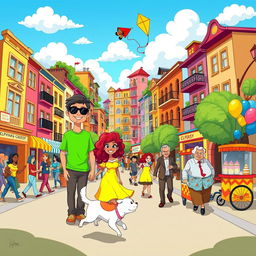 A vibrant cartoon style illustration of a bustling city street filled with cheerful characters