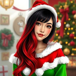 A young woman with long, gradient hair, transitioning from black at the roots to vibrant red at the ends