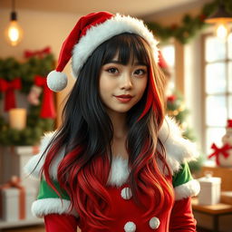 A young woman with long, gradient hair, transitioning from black at the roots to vibrant red at the ends