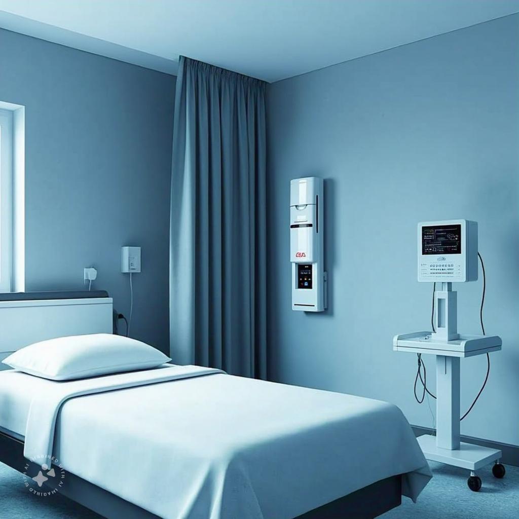 A sterile hospital room featuring a single bed with crisp white linens, illuminated by soft cool blue lighting