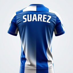 A sporty blue and white jersey with the name 'Suarez' prominently displayed on the back