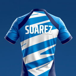 A sporty blue and white jersey with the name 'Suarez' prominently displayed on the back