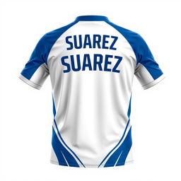 A sporty blue and white jersey with the name 'Suarez' prominently displayed on the back