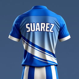 A sporty blue and white jersey with the name 'Suarez' prominently displayed on the back