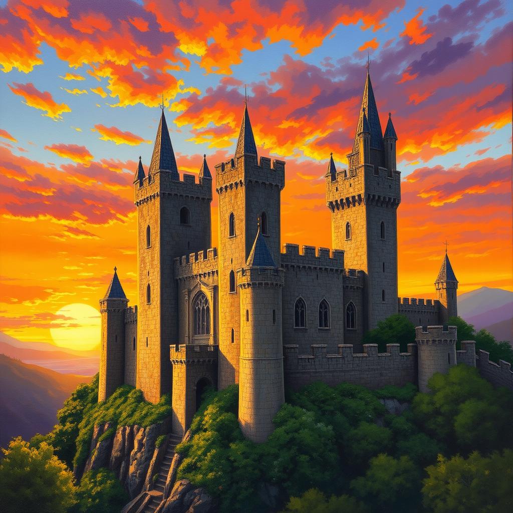 A majestic medieval castle overlooking a vibrant sunset, with a palette of warm oranges, deep reds, and soft purples reflecting in the sky