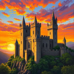 A majestic medieval castle overlooking a vibrant sunset, with a palette of warm oranges, deep reds, and soft purples reflecting in the sky