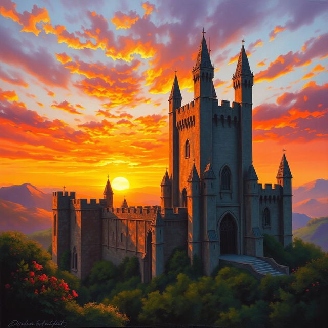 A majestic medieval castle overlooking a vibrant sunset, with a palette of warm oranges, deep reds, and soft purples reflecting in the sky