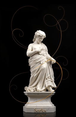 A white antique statue prominently displayed against a deep black background, creating a striking contrast