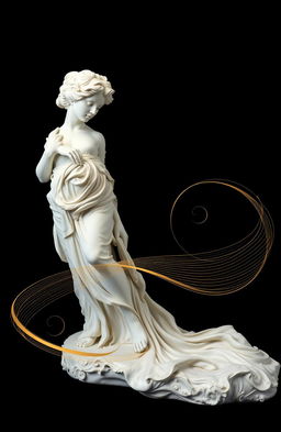 A white antique statue prominently displayed against a deep black background, creating a striking contrast