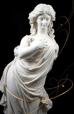 A white antique statue prominently displayed against a deep black background, creating a striking contrast