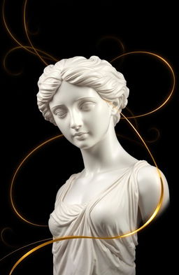 A white antique statue prominently displayed against a deep black background, creating a striking contrast