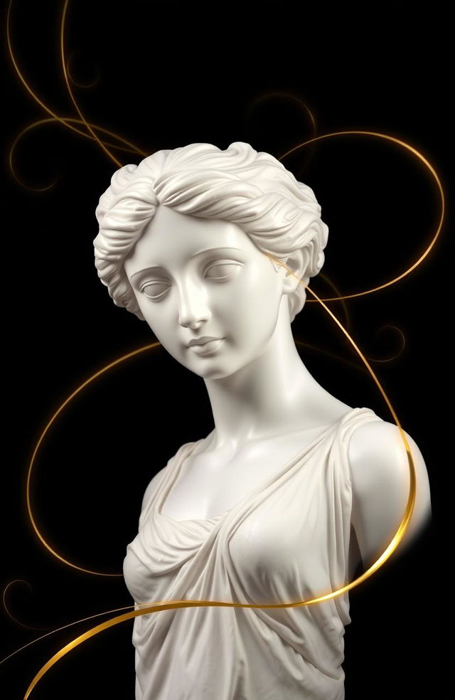 A white antique statue prominently displayed against a deep black background, creating a striking contrast