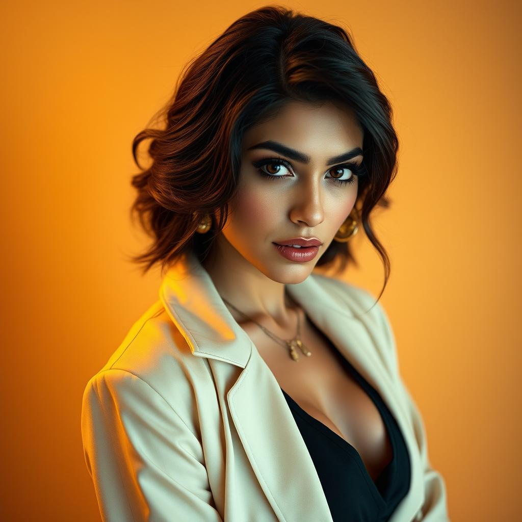 Mia Khalifa, a captivating figure with dark hair and striking features, wearing a stylish outfit that blends modern and Middle Eastern aesthetics