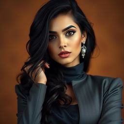 Mia Khalifa, a captivating figure with dark hair and striking features, wearing a stylish outfit that blends modern and Middle Eastern aesthetics