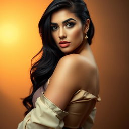 Mia Khalifa, a captivating figure with dark hair and striking features, wearing a stylish outfit that blends modern and Middle Eastern aesthetics