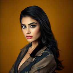 Mia Khalifa, a captivating figure with dark hair and striking features, wearing a stylish outfit that blends modern and Middle Eastern aesthetics