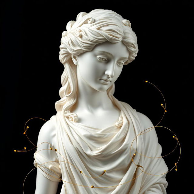 A stunning white antique statue set against a rich black background, creating a powerful visual contrast