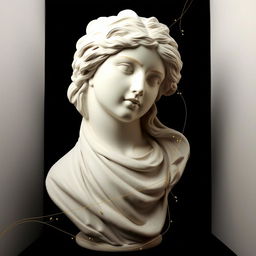 A stunning white antique statue set against a rich black background, creating a powerful visual contrast