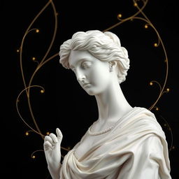 A stunning white antique statue set against a rich black background, creating a powerful visual contrast