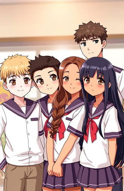 An image of three handsome boys and two pretty girls wearing matching uniforms