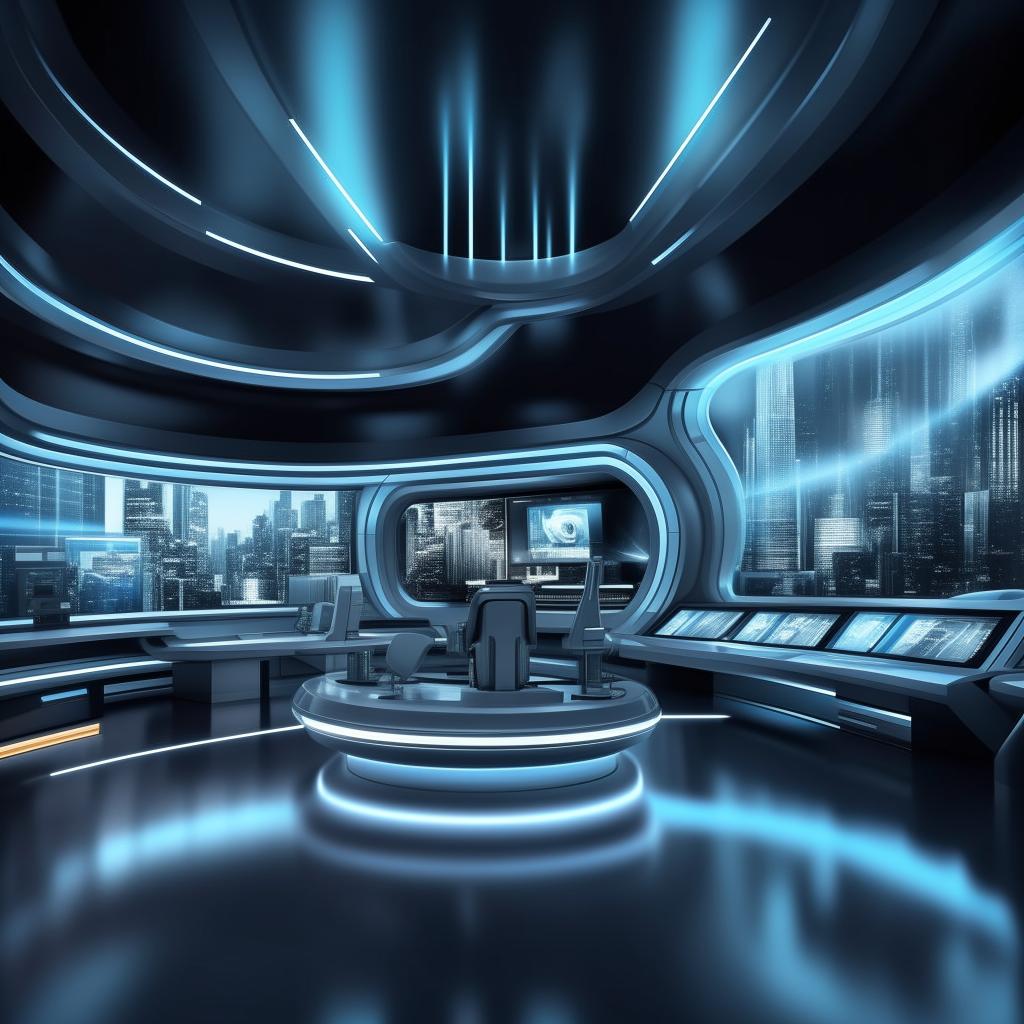 A voice-inspired background for a futuristic TV anchor's studio, integrating design elements from the architecture provided in the given link.