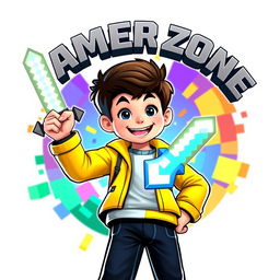 A vibrant 3D gaming logo featuring a young boy with an enthusiastic expression, wearing a bright yellow jacket and black trousers
