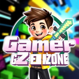 A vibrant 3D gaming logo featuring a young boy with an enthusiastic expression, wearing a bright yellow jacket and black trousers