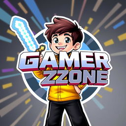 A vibrant 3D gaming logo featuring a young boy with an enthusiastic expression, wearing a bright yellow jacket and black trousers