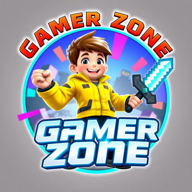 A vibrant 3D gaming logo featuring a young boy with an enthusiastic expression, wearing a bright yellow jacket and black trousers