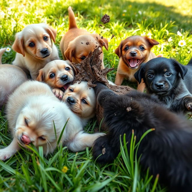 A humorous scene featuring playful puppies rolling around in the grass, their necks covered in dirt and mud