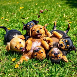 A humorous scene featuring playful puppies rolling around in the grass, their necks covered in dirt and mud