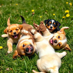 A humorous scene featuring playful puppies rolling around in the grass, their necks covered in dirt and mud