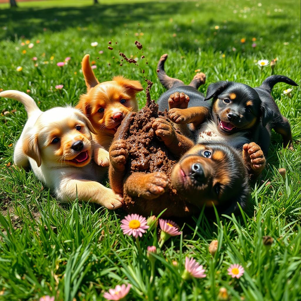 A humorous scene featuring playful puppies rolling around in the grass, their necks covered in dirt and mud