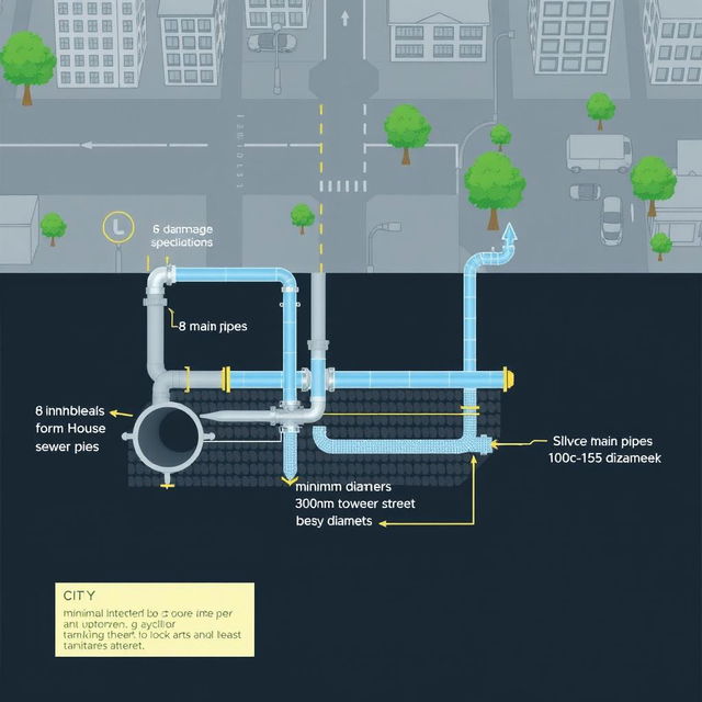 An intricate layout of urban drainage systems, displaying specifications for an underground sewer system