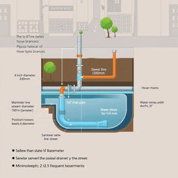 An intricate layout of urban drainage systems, displaying specifications for an underground sewer system