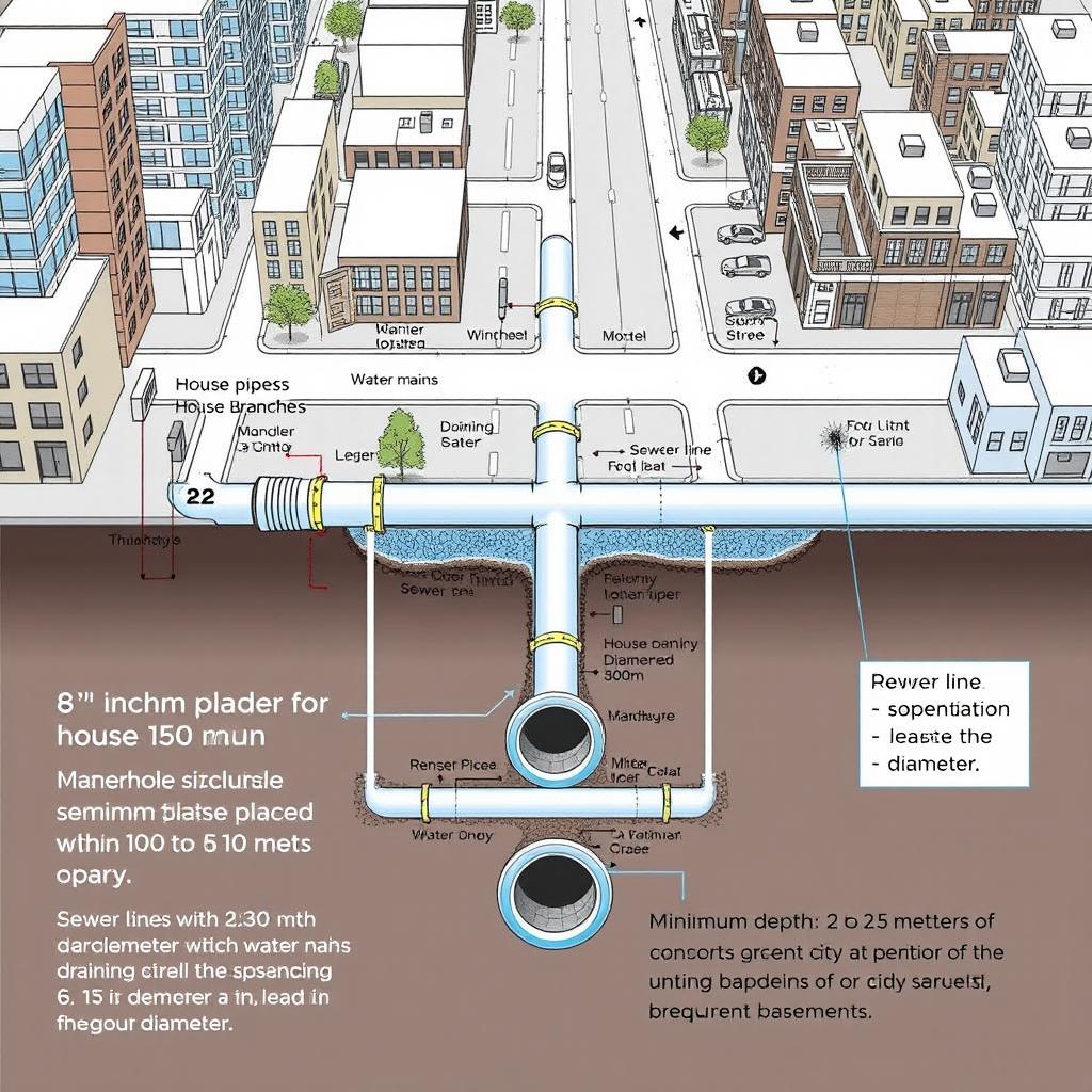 An intricate layout of urban drainage systems, displaying specifications for an underground sewer system