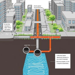 An intricate layout of urban drainage systems, displaying specifications for an underground sewer system