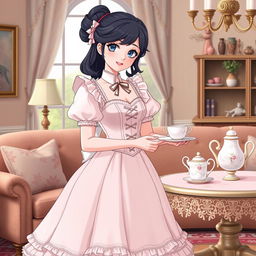 Octavia from Helluva Boss wearing a charming maid dress featuring a fitted corset and a graceful, flowing skirt