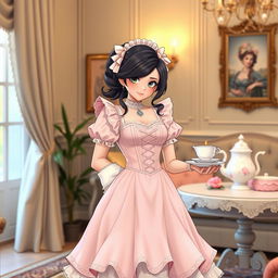Octavia from Helluva Boss wearing a charming maid dress featuring a fitted corset and a graceful, flowing skirt