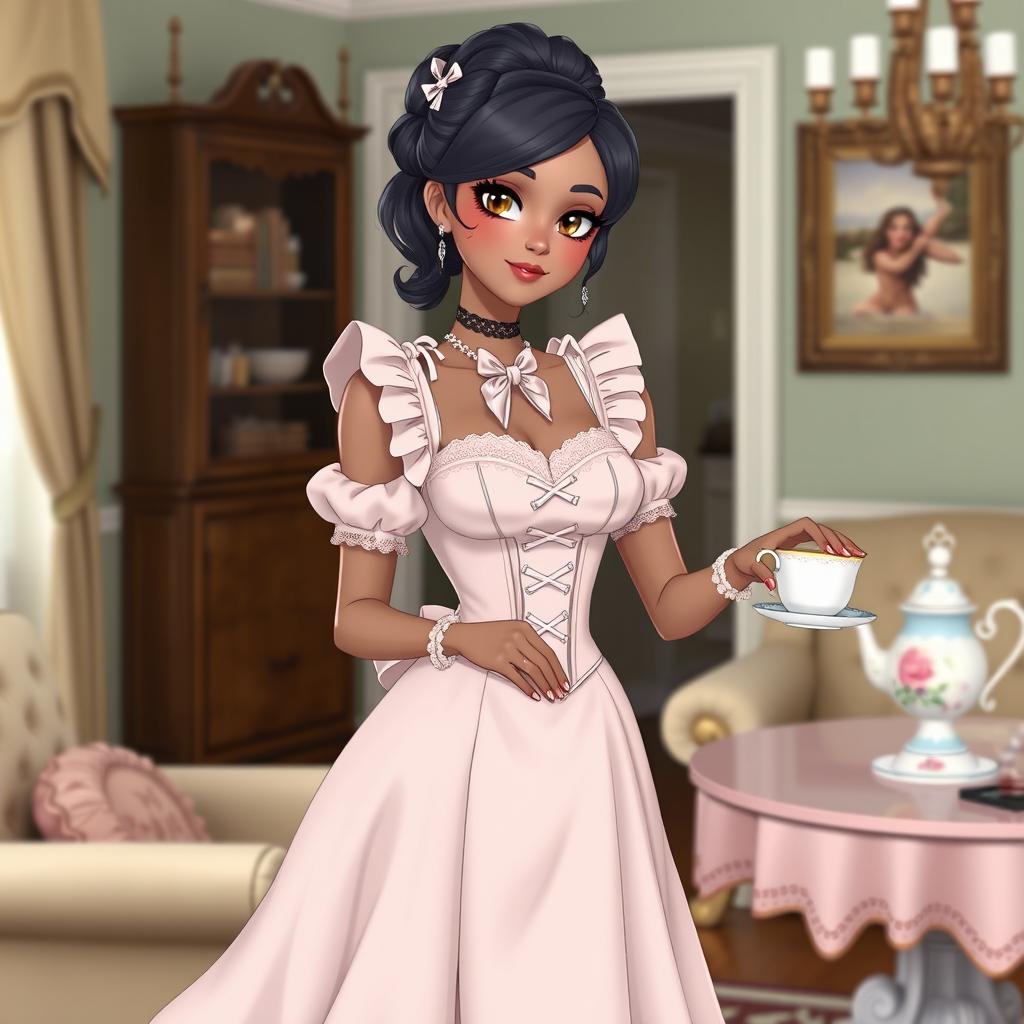 Octavia from Helluva Boss wearing a charming maid dress featuring a fitted corset and a graceful, flowing skirt