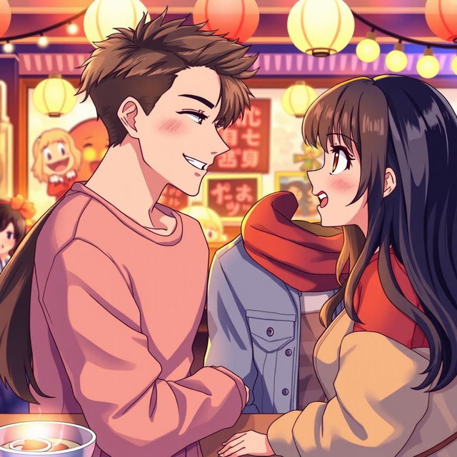 A vibrant anime-style illustration featuring two couples of young lovers gazing into each other's eyes, capturing a moment of youthful romance and joy