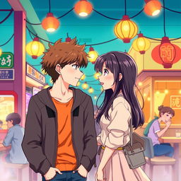 A vibrant anime-style illustration featuring two couples of young lovers gazing into each other's eyes, capturing a moment of youthful romance and joy