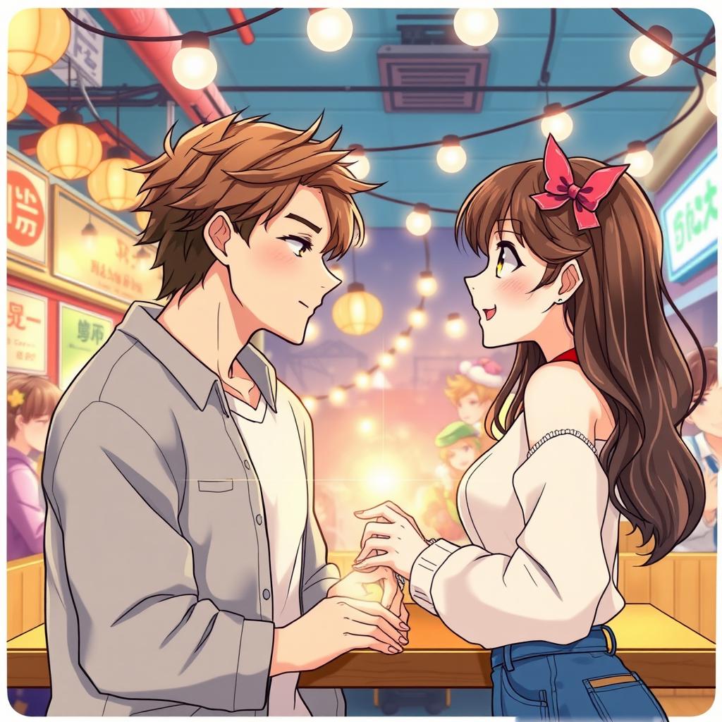 A vibrant anime-style illustration featuring two couples of young lovers gazing into each other's eyes, capturing a moment of youthful romance and joy