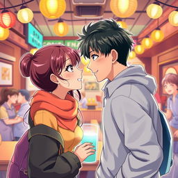 A vibrant anime-style illustration featuring two couples of young lovers gazing into each other's eyes, capturing a moment of youthful romance and joy