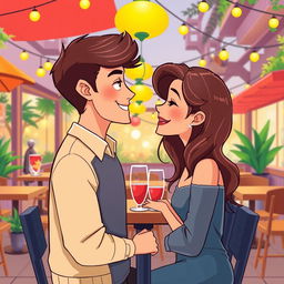 A vibrant and colorful cartoon graphic design depicting two young couples gazing into each other's eyes lovingly