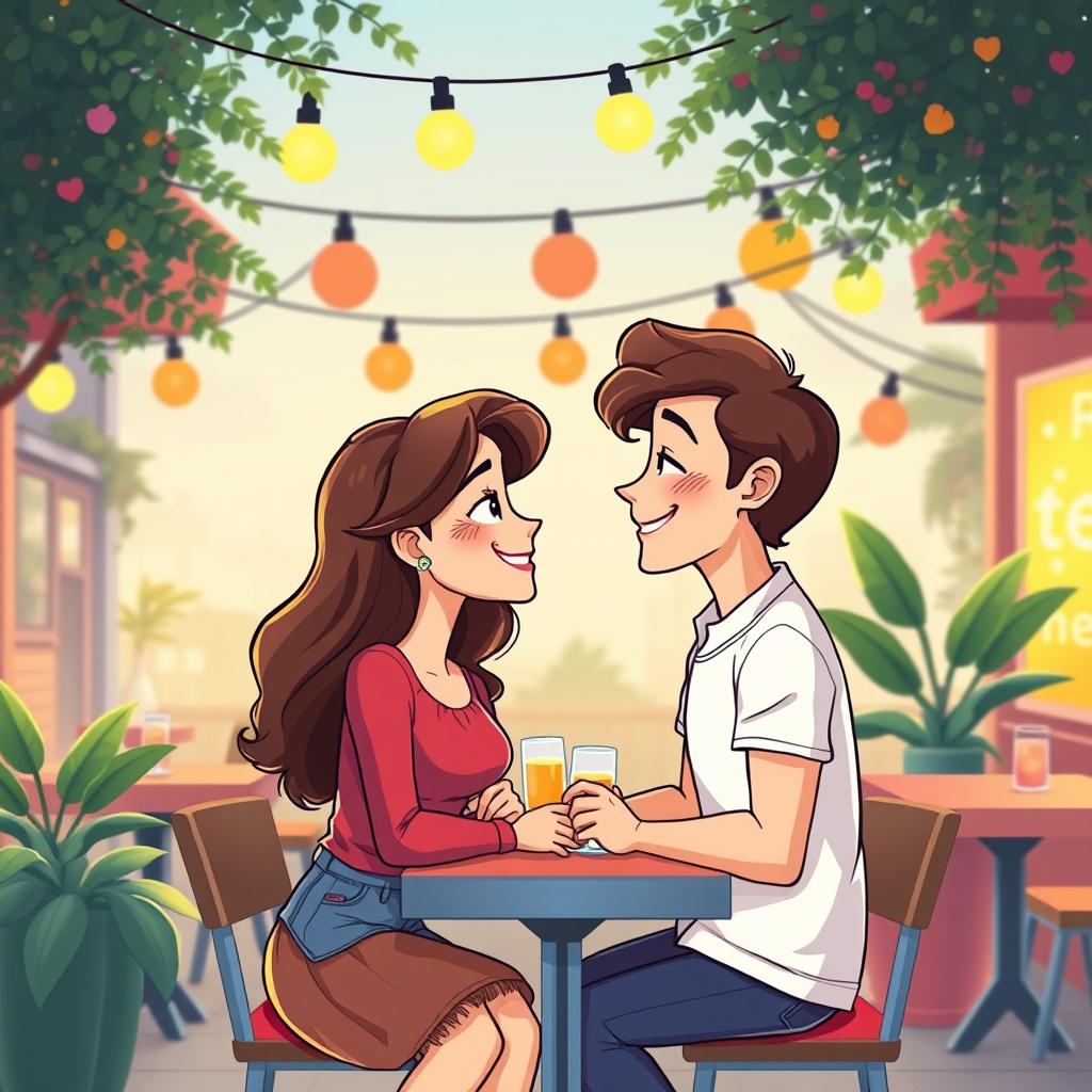 A vibrant and colorful cartoon graphic design depicting two young couples gazing into each other's eyes lovingly